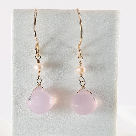Pink Chalcedony & Pearl Earrings, 14K Gold Filled Gemstone Earrings - Picture 6 of 13